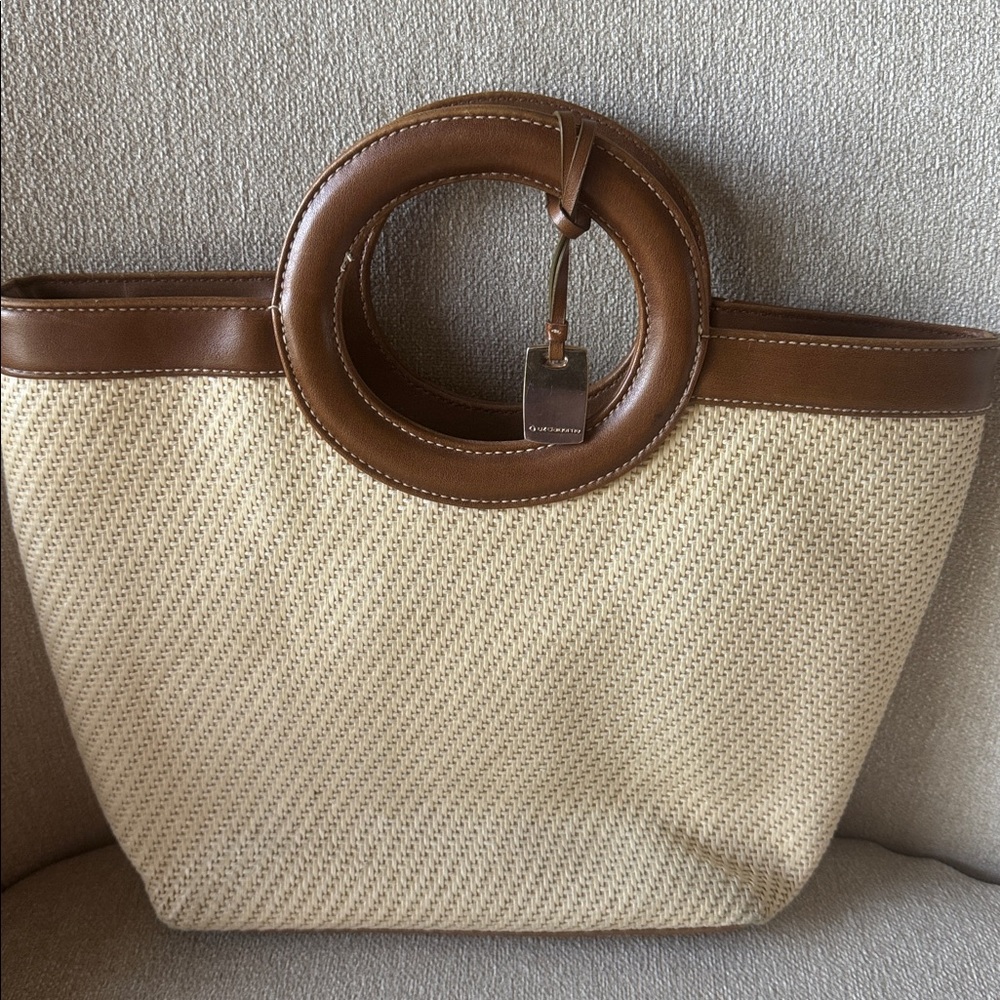 Liz Claiborne Brown Leather and Cream Woven Tote